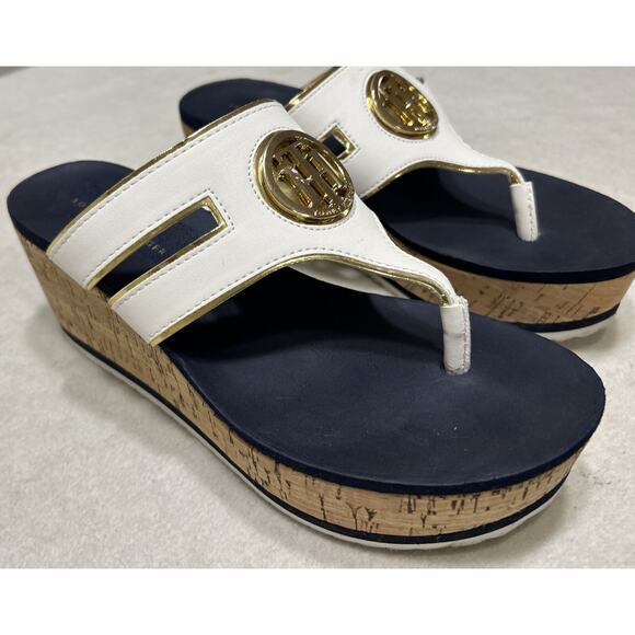 Tommy Hilfiger Blue Cork Wedge Platform Thong Slip On Womens Sandals Size 6M - Picture 1 of 7